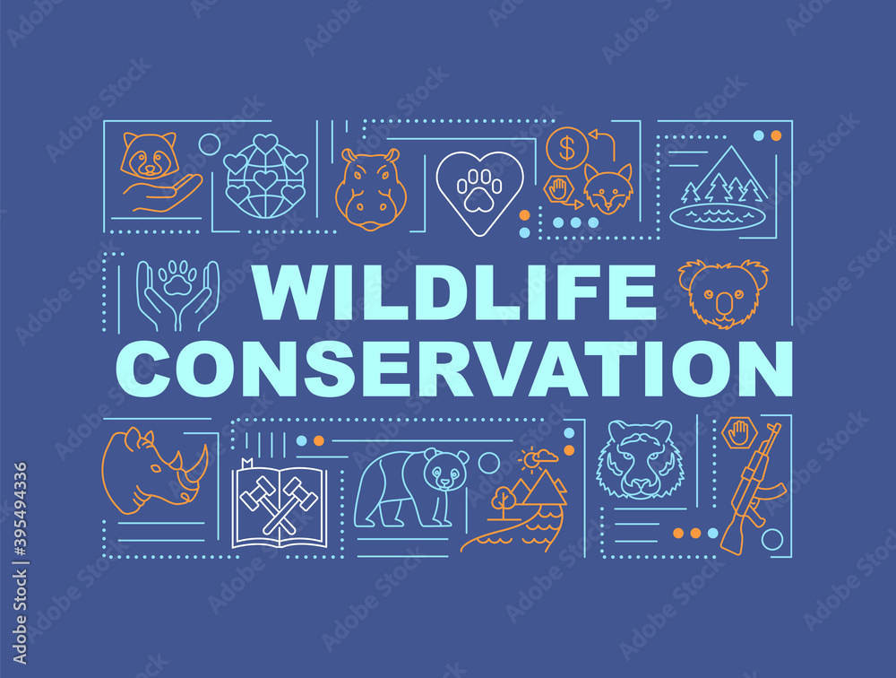 Fototapeta premium Wildlife conservation word concepts banner. Biological diversity regulation. Infographics with linear icons on blue background. Isolated typography. Vector outline RGB color illustration
