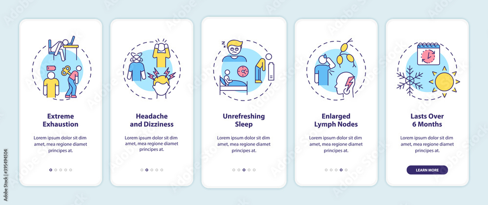 CFS symptoms onboarding mobile app page screen with concepts. Extreme exhaustion, headache and dizziness walkthrough 5 steps graphic instructions. UI vector template with RGB color illustrations