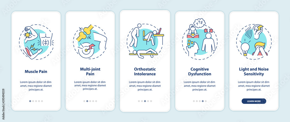 CFS symptoms onboarding mobile app page screen with concepts. Muscle pain, orthostatic intolerance walkthrough 5 steps graphic instructions. UI vector template with RGB color illustrations