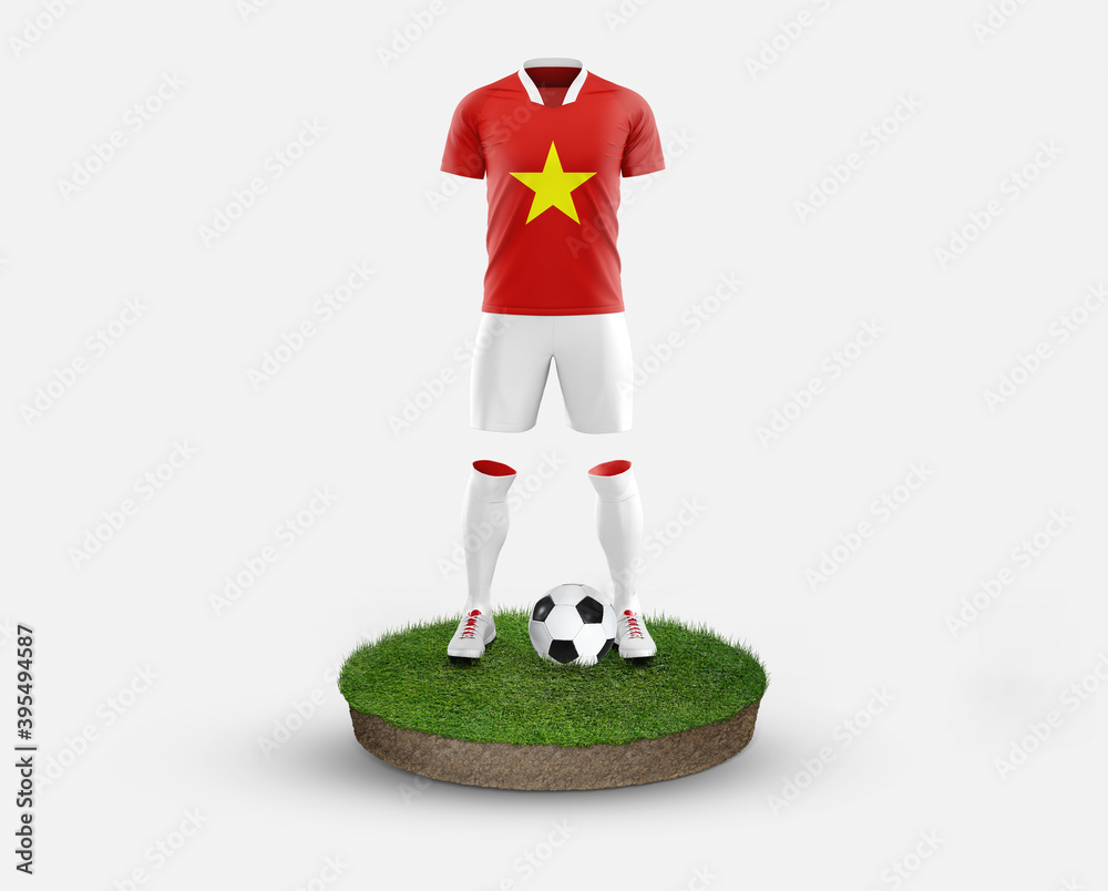 Vietnam soccer player standing on football grass, wearing a national flag uniform. Football concept. championship and world cup theme.