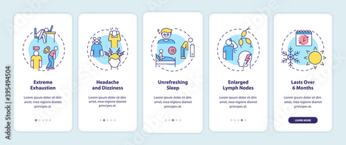 CFS symptoms onboarding mobile app page screen with concepts. Extreme exhaustion, headache and dizziness walkthrough 5 steps graphic instructions. UI vector template with RGB color illustrations photo
