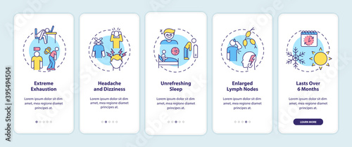 CFS symptoms onboarding mobile app page screen with concepts. Extreme exhaustion, headache and dizziness walkthrough 5 steps graphic instructions. UI vector template with RGB color illustrations