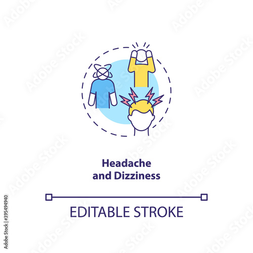 Headache and dizziness concept icon. CFS symptom idea thin line illustration. Extreme fatigue. Vertigo, fainting and migraine. Vector isolated outline RGB color drawing. Editable stroke