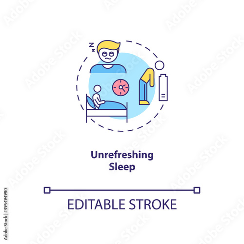 Unrefreshing sleep concept icon. CFS symptom idea thin line illustration. Persistent, excessive fatigue. Chronic tiredness and sleepiness. Vector isolated outline RGB color drawing. Editable stroke