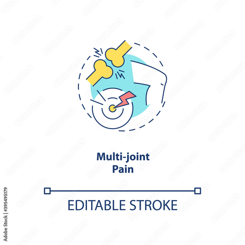 Multi-joint pain concept icon. CFS symptom idea thin line illustration. Chronic joint disorder. Muscle weakness. Lyme disease. Vector isolated outline RGB color drawing. Editable stroke