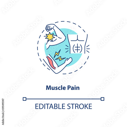 Muscle pain concept icon. CFS symptom idea thin line illustration. Sore and aching muscles. Lingering tiredness and feeling drained. Vector isolated outline RGB color drawing. Editable stroke