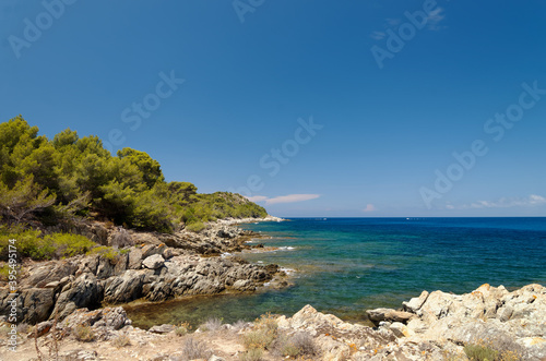 Coastal path in the Agriates desert. Corsica island