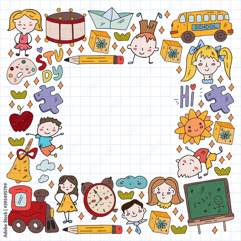 Vector pattern. School and online education. Little boys and girls play and grow together. Vector pattern. School and online education. Little boys and girls play and grow together.
