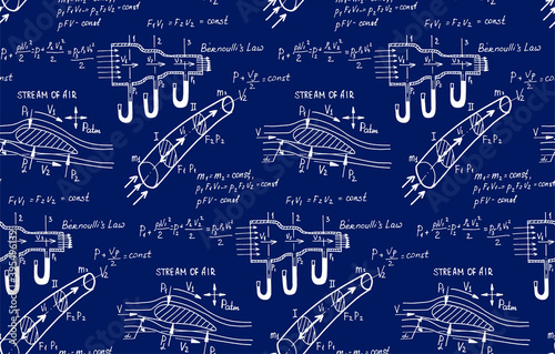 Aerodynamics. 
Airplane turbine, wing and stream of air. Physical equations and formulas on blueprint. Retro vector hand-drawn seamless pattern.