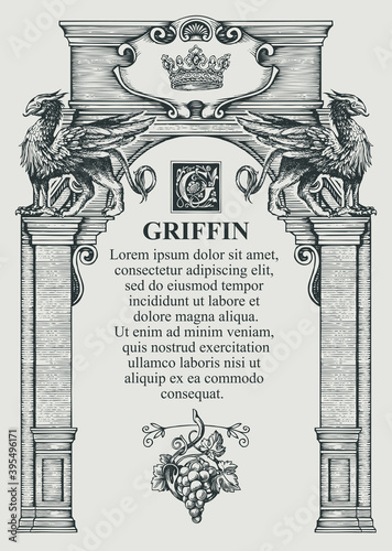 Vintage background or frame for a certificate or diploma in the form of a classical building facade. Vector illustration with a hand-drawn ancient architectural structure decorated with griffins