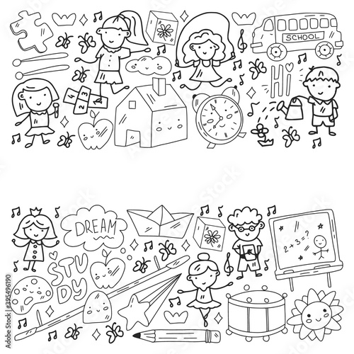 Vector pattern. School and online education. Little boys and girls play and grow together.