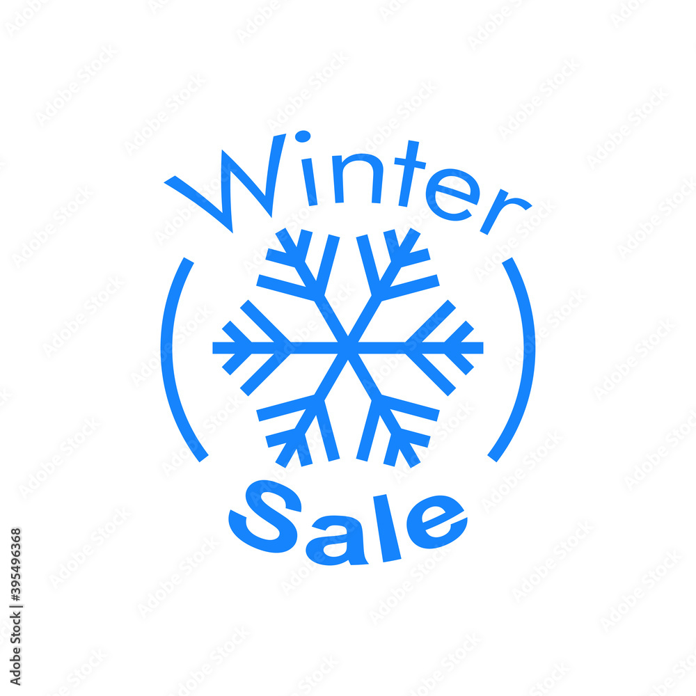 Rebajas de invierno. Logotipo texto Winter Sale con copo de nieve en círculo con lineas en color azul