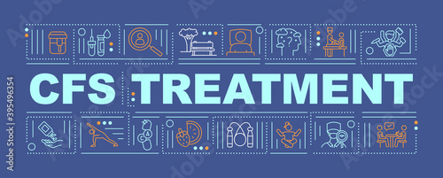 CFS treatment word concepts banner. Chronic fatigue syndrome diseases. Infographics with linear icons on navy background. Isolated typography. Vector outline RGB color illustration