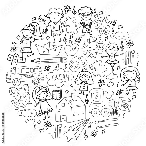 Vector pattern. School and online education. Little boys and girls play and grow together.