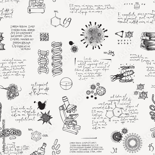 Abstract seamless pattern on the topics of medicine, chemistry, biology, genetics, scientific research and education. Hand drawn vector background with black handwritten lorem ipsum text and sketches