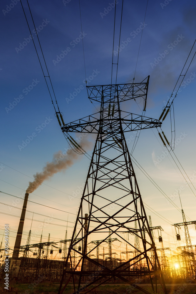 Fototapeta premium High voltage power tower beautiful scenery at dusk