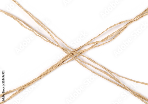 Brown strings, rope isolated on white background, top view