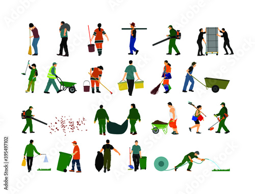 Outdoor workers people. Farmer, gardener, landscaper cleaning service, land watering activity vector illustration. Grass trimmer cutting. Leaf and garbage collecting, industrial transportation laborer