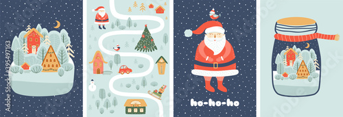 Magical christmas scene posters set. Christmas landscape, travel map, Santa Claus. Winter tempates. Village, forest
