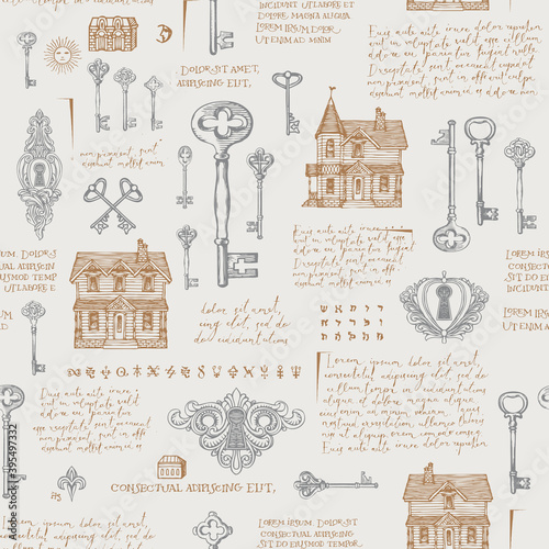 Hand-drawn seamless pattern with vintage keyholes, old keys and log houses. Vector background with sketches and handwritten text of lorem ipsum. Suitable for Wallpaper, wrapping paper, fabric