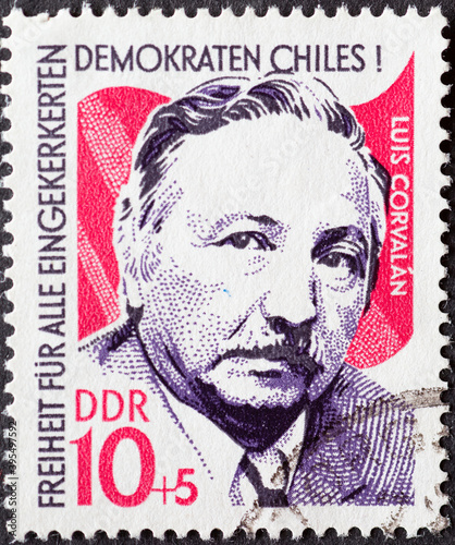 GERMANY, DDR - CIRCA 1973 : a postage stamp from Germany, GDR showing a portrait of Luis Corvalan, the Chilean labor leader. Solidarity with the Chilean people