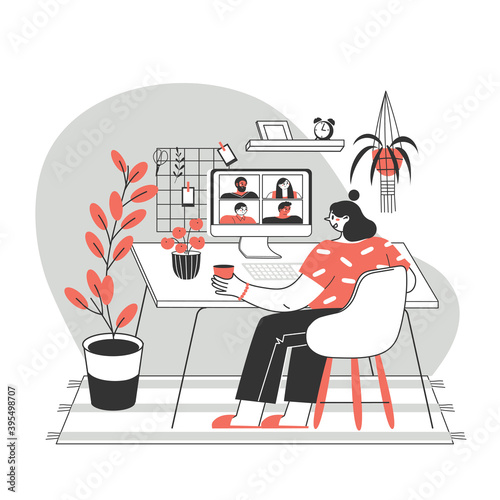 Girl or woman using a computer for collective virtual meeting, group video conference. A person at her desk, communicating with friends online. Vector illustration for video conference, remote work.