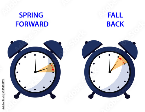Clock. Daylight Saving Time vector illustration. Set of clocks and text fall back and spring forward. The hand of the clocks turning to winter or summer time. 