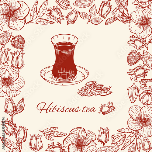 Illustration frame Hibiscus Sabdariffa or Roselle flowers, leaves and berries, seeds. Hibiscus tea. Graphic hand drawn engraving style. Botanical design for packaging, menu cards, posters, prints.