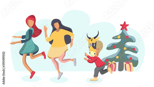 Children play catch-up under the Christmas tree. A boy in a bull mask is catching up with the girls. New Year s games on the eve of the holiday. Winter fun. Vector