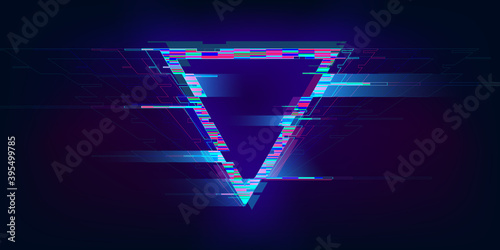 Glitch triangle. Distorted glowing triangle cyberpunk style. Futuristic geometry shape with TV interference effect. Design for promo music events, games, web, banners, backgrounds. Vector illustration