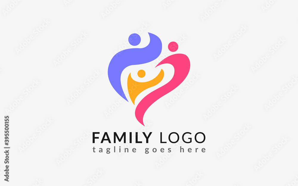 Family Group Form a Love Shape, Colorful Logo Illustration. Flat Vector Logo Design Template.