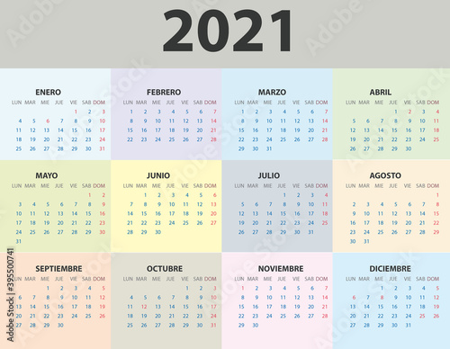 Calendario 2021 en español. Con las fiestas de España