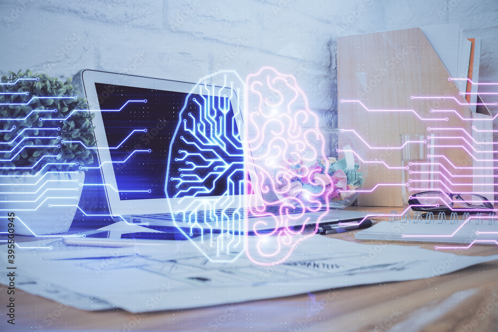 Double exposure of work space with computer and human brain drawing hologram. Brainstorm concept.