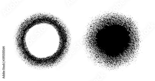 Set circle frame with spray effect. Collection circular border of grunge dots. Ring boarder. Round brush. Spot paint. Drip point radial shape. Urban street design for prints. Faded uneven dot. Vector