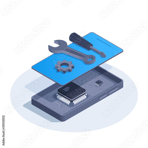 isometric vector illustration isolated on white background, disassembled smartphone, wrench next to screwdriver and gear, phone repair