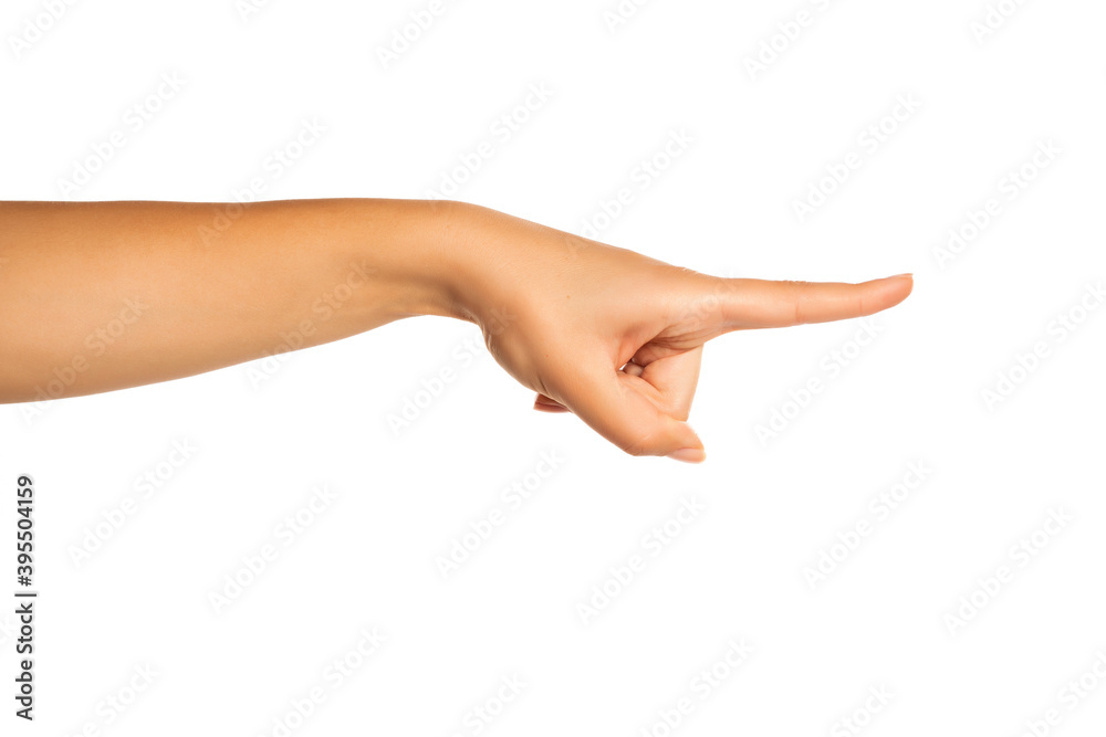 Finger pointing straight forwards, isolated on white. 