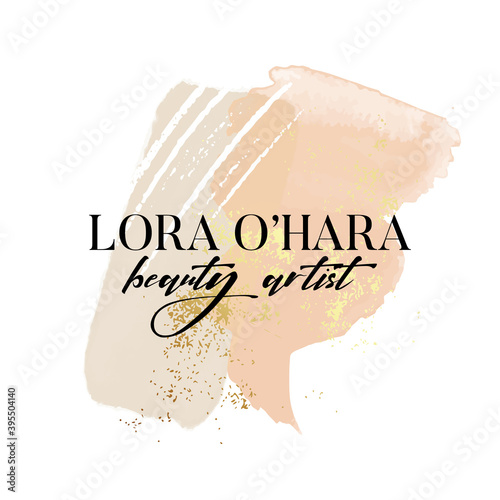 Watercolor premade logo design. Beige peach abstract shapes with gold foil and splashes. Minimalistic Digital template , tender elegant shapes in vector