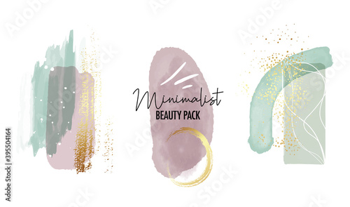 Abstract watercolor painting with gold violet mint green geometric minimalist shapes. Vector pastel strokes, foil texture, tender background. Boho aesthetics