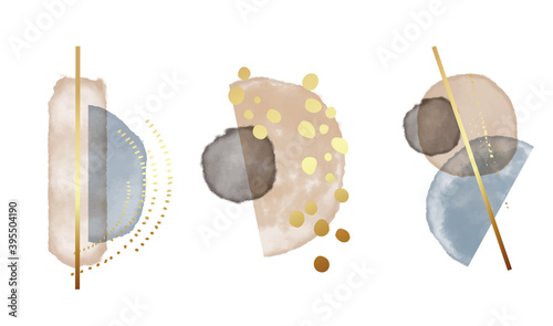 Wateroclor Blue beigeabstract shapes, gold splashes, boho design. Elegant contemporary bohemian design. Minimal graphics, home decor