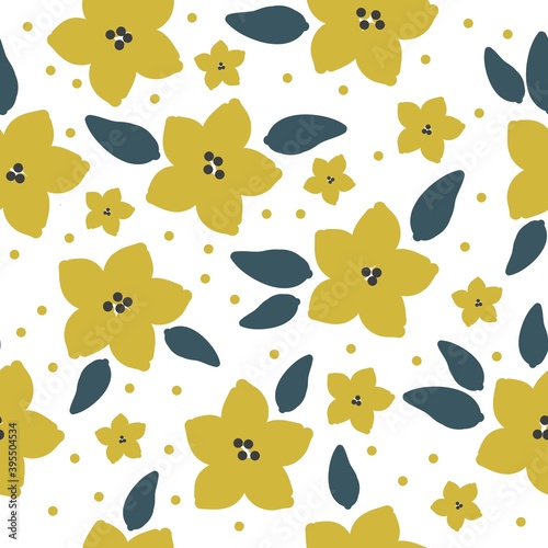 Simple vintage pattern. Large mustard flowers. White background. Vector texture. Fashionable print for Wallpaper and textiles.