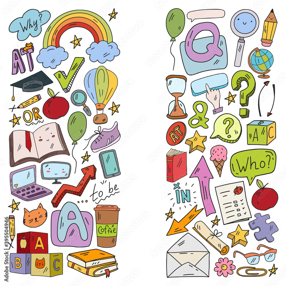 Concept of learning English. Online language courses. E-learning. Pattern with vector icons.