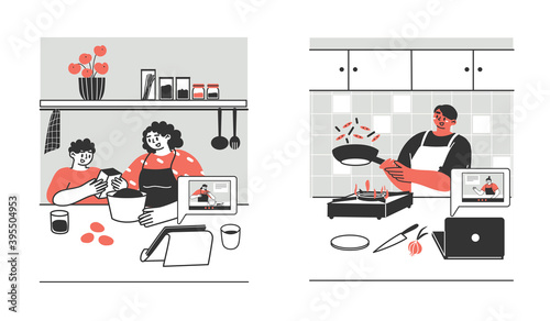 Young people, adults, family prepare food at home via laptop or tablet. Spending time in the kitchen, cooking training, hobby. Preparation of homemade meals.