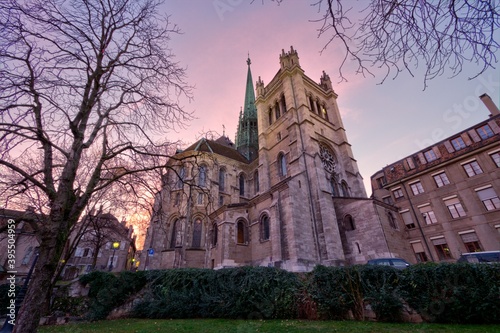 Back of Saint-Pierre cathedral and park in Geneva by sunset, Switzerland, HDR
