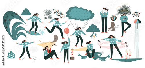 Set of mental health problems  illustrations. Сlipart of wellbeing,  selfcare female characters. Woman's feelings, emotions in conceptual metaphor. Lonely, depression, melancholy, introvert lady