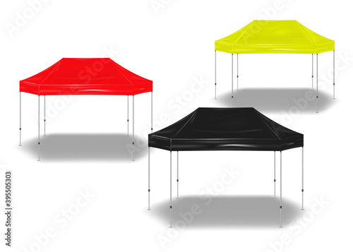 Hexagon pop-up canopy tent. Exhibition outdoor show pavilion. Event marquee. Color set. Black, red, yellow colours. Easy to recolor. Vector template for design