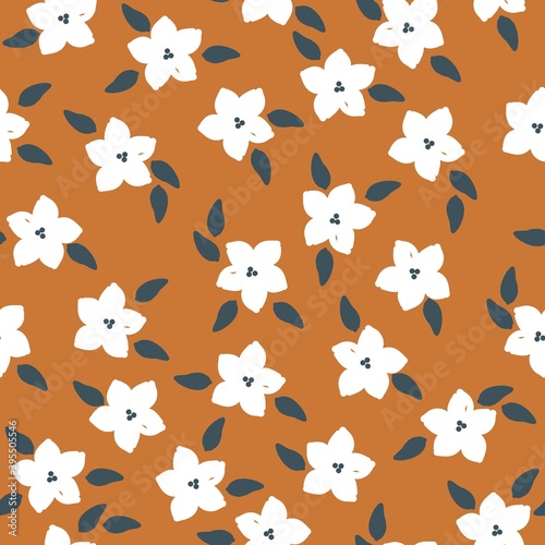 Simple vintage pattern. White flower. Terracotta background. Vector texture. Fashionable print for Wallpaper and textiles.