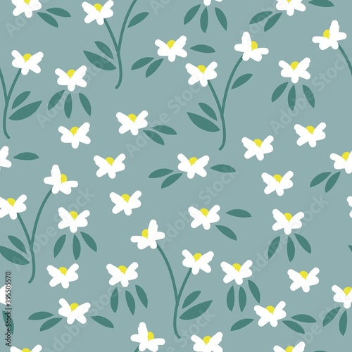 Fototapeta Naklejka Na Ścianę i Meble -  Simple vintage pattern. Small white flowers. Pale turquoise background. Vector texture. Fashionable print for Wallpaper and textiles.