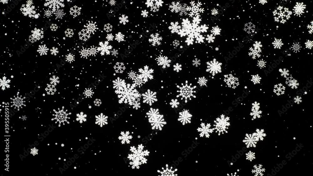 Isolated snowflakes falling on black screen. Animation of white snowflakes flying to the side. Christmas decoration with winter weather and blizzard. Isolated snowflakes falling on black screen. Animation of white snowflakes flying to the side. Christmas decoration with winter weather and blizzard.