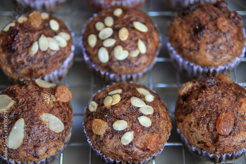 Banana cake placed on a steel grill More delicious with lotus seeds and raisins.