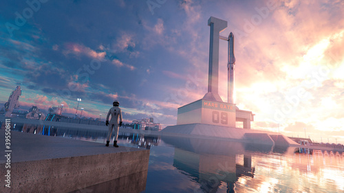 Fototapeta Naklejka Na Ścianę i Meble -  Rocket on a spaceship launch ramp  with destination mars for exploring and tourism purpose on the red planet and the pilot astronaut horizontal - concept art - 3D rendering